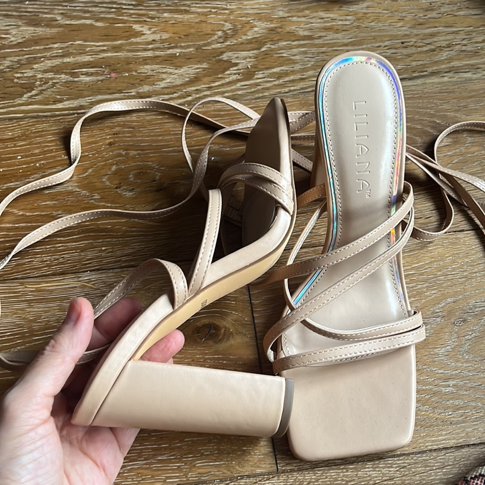 Liliana beige leather, square toe sandals, block heel 7 1/2